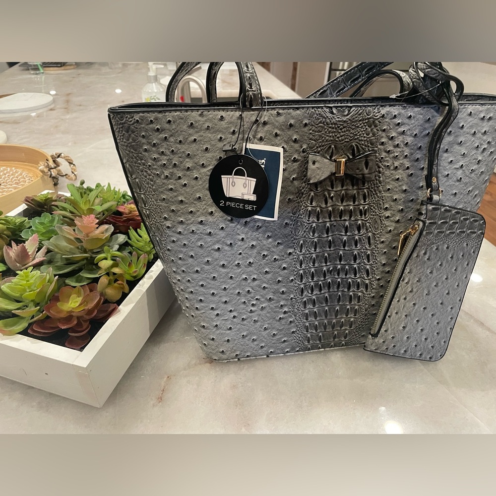 DELUXITY | 2 Piece Gray Vegan Leather Tote Handbag & Purse Set